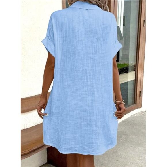 Casual Button Down Cotton Shirt Dress with Pockets - Picture 10 of 15